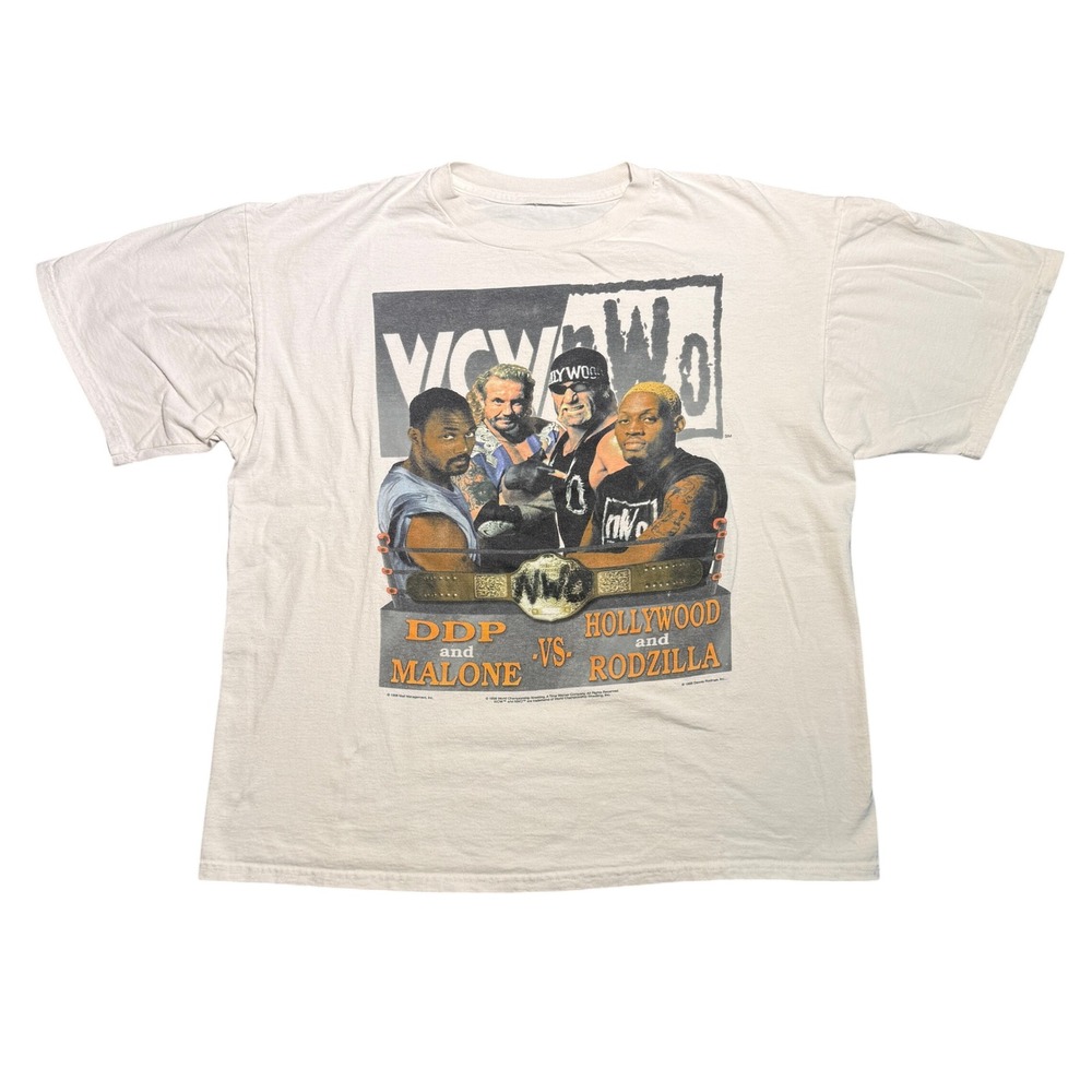 Vintage 1998 WCW nWo DDP Malone vs Hollywood Rodzilla Wrestling T-Shirt XL Cream